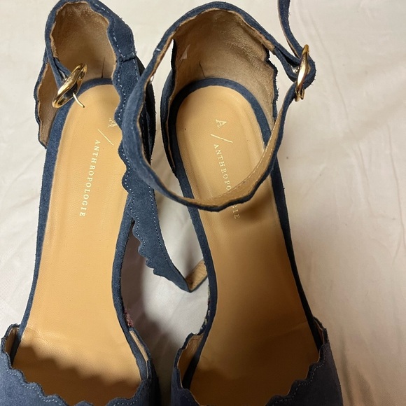 Anthropologie Platform Sandal Heel Womens 9 Ankle Strap Suede Floral Boho Blue - Picture 11 of 11